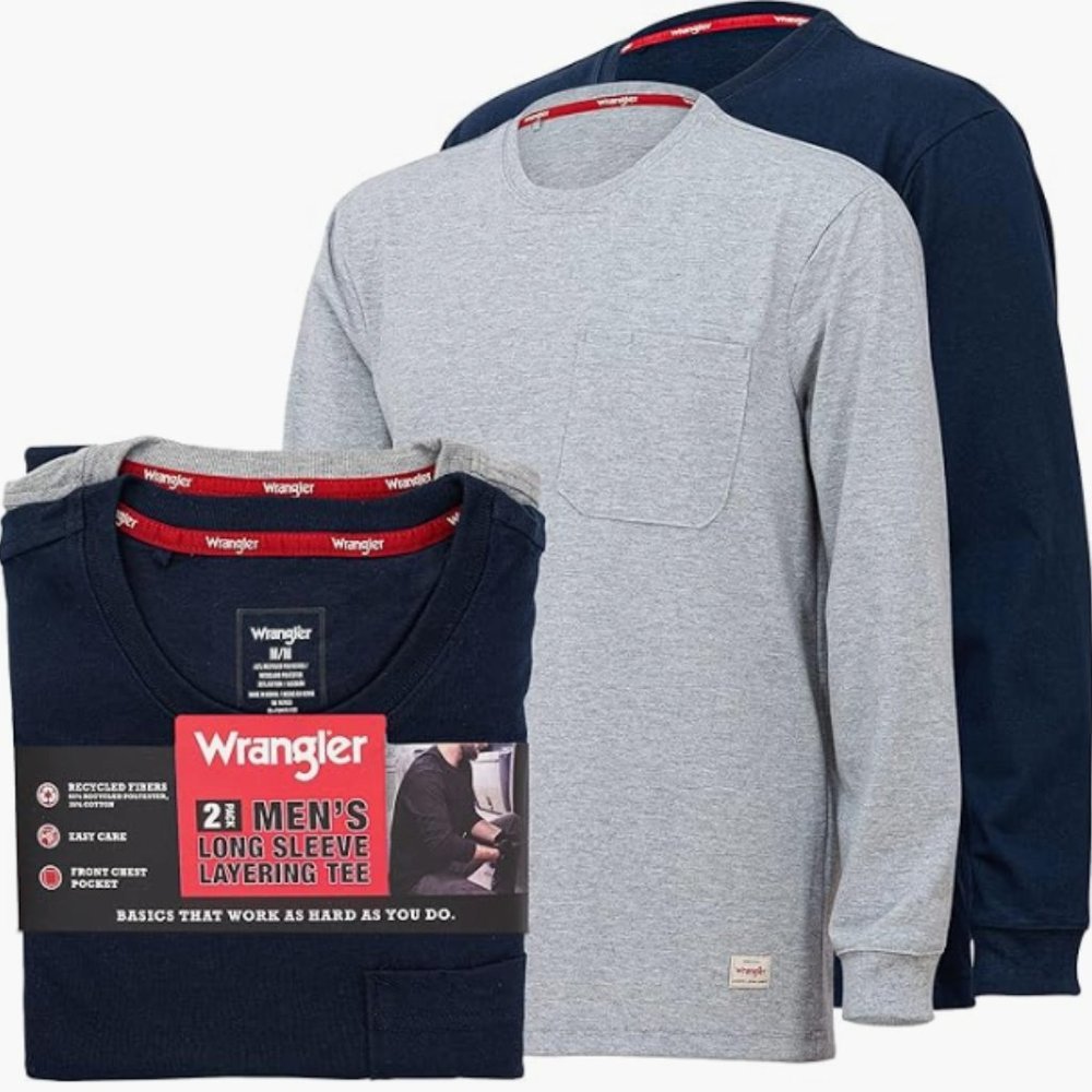 Wrangler Long Sleeve Layering Tee for Men 2pc pack (Navy / Grey), size M NWT